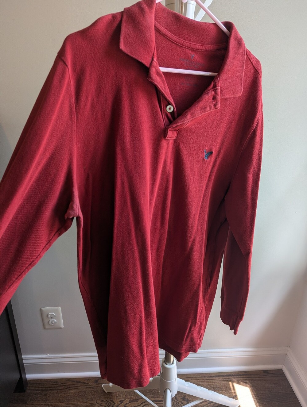 American Eagle Mens XLT Burgundy Red Long Sleeve Pique Polo Shirt Eagle Logo